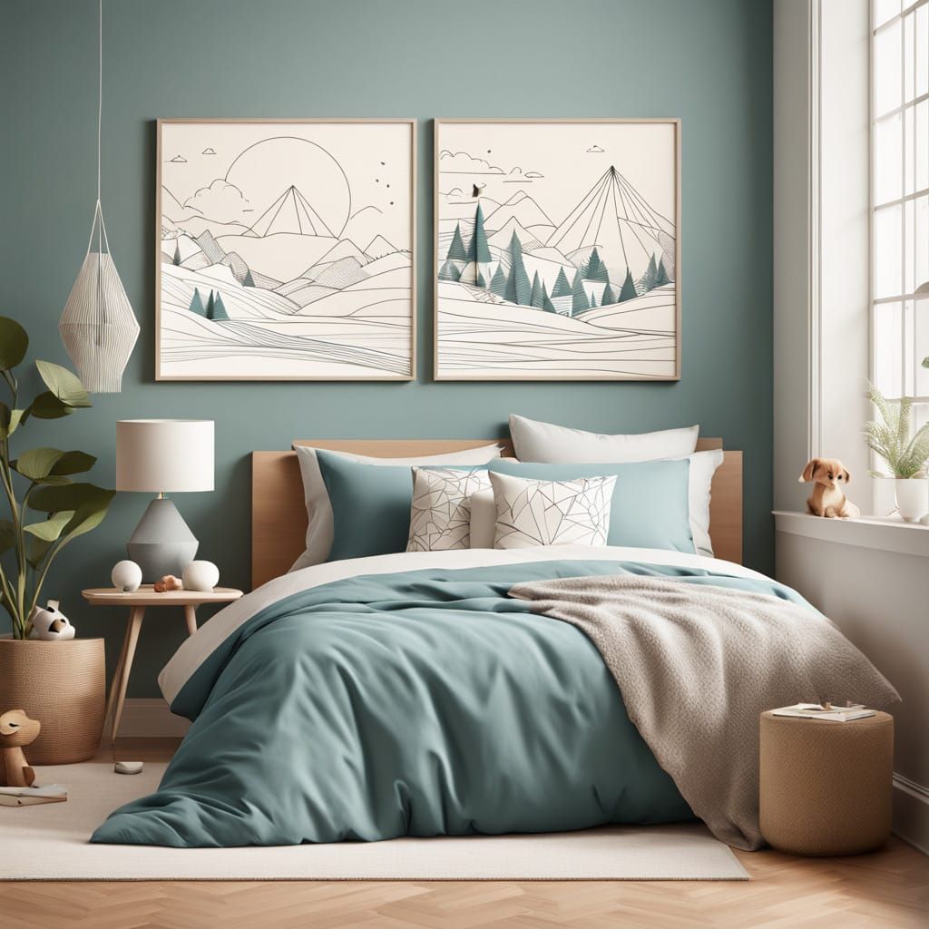 Whimsical Line Art of a Dog in a Cozy Children's Bedroom