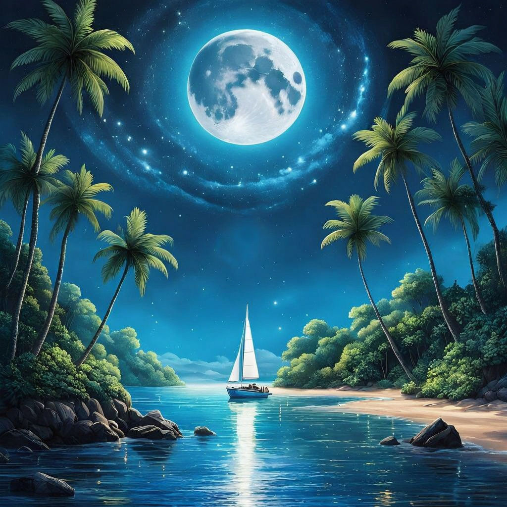 Cosmic Tropical Beach Cove with Silver Moon