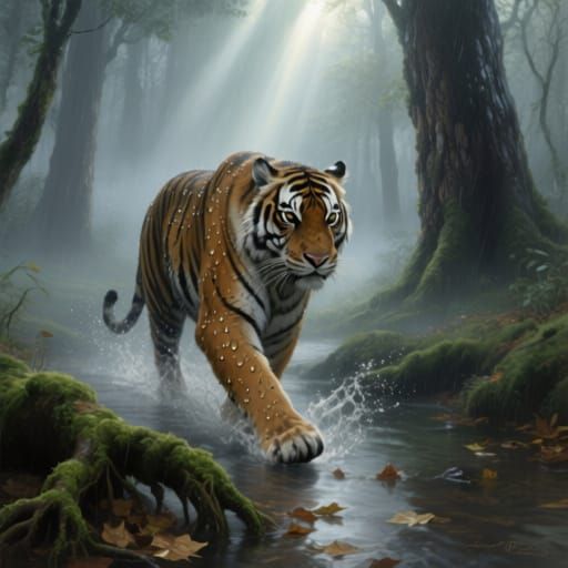 Bengal Tiger in Misty Forest, Detailed Matte Painting