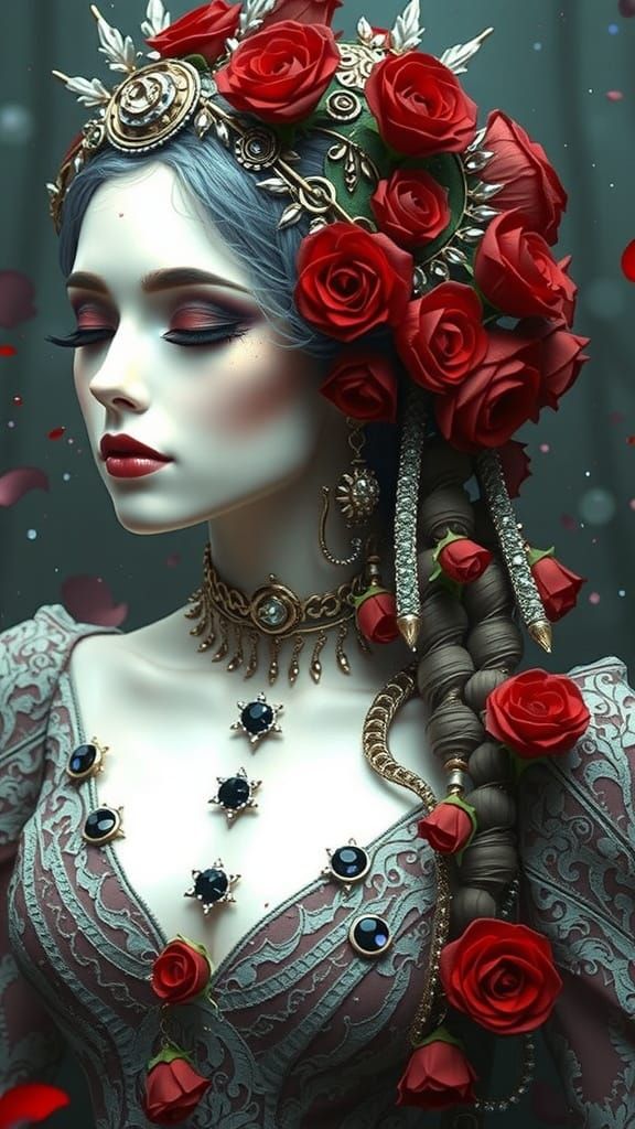 Ethereal Gothic Goddess with Golden and Crimson Facial Divid...