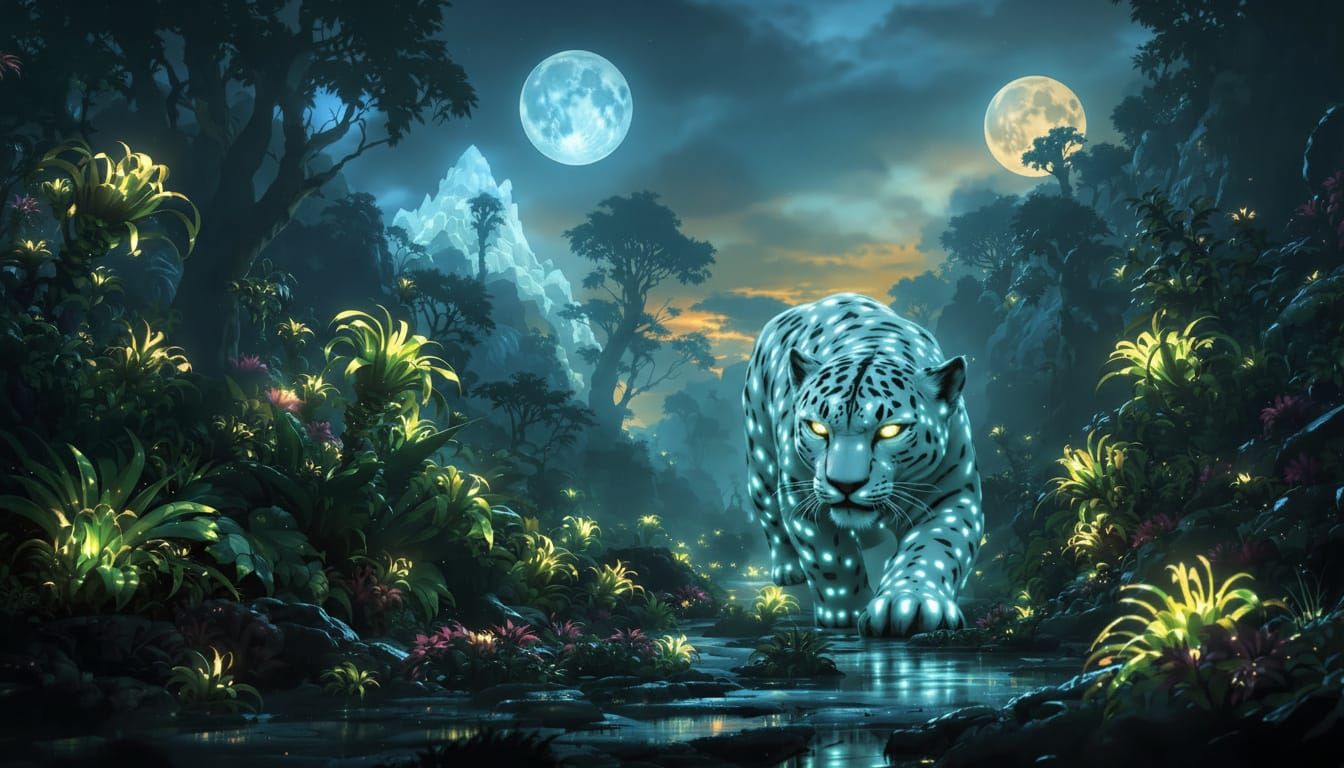 Bioluminescent Snow Leopard in Alien Jungle