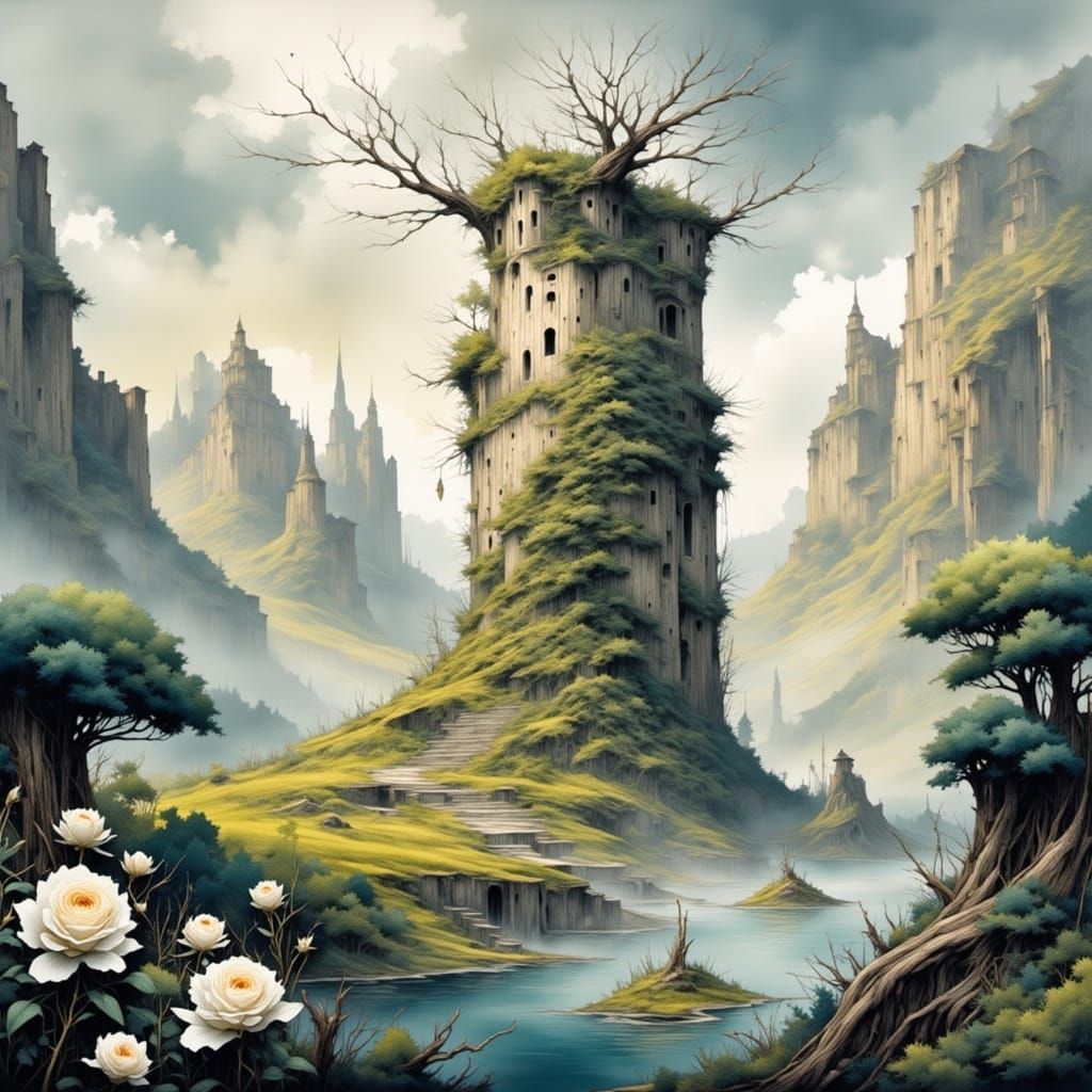 Fantasy Tower in a Dreamlike Landscape