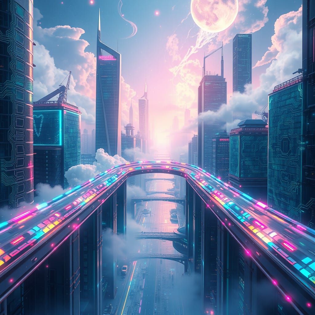 Futuristic Cityscape Unfolds in Vibrant, Iridescent Hues