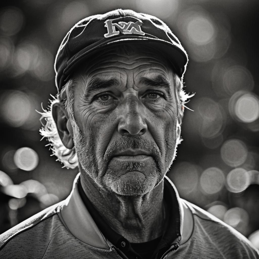 Stern Baseball Coach: Gritty Black and White Portrait