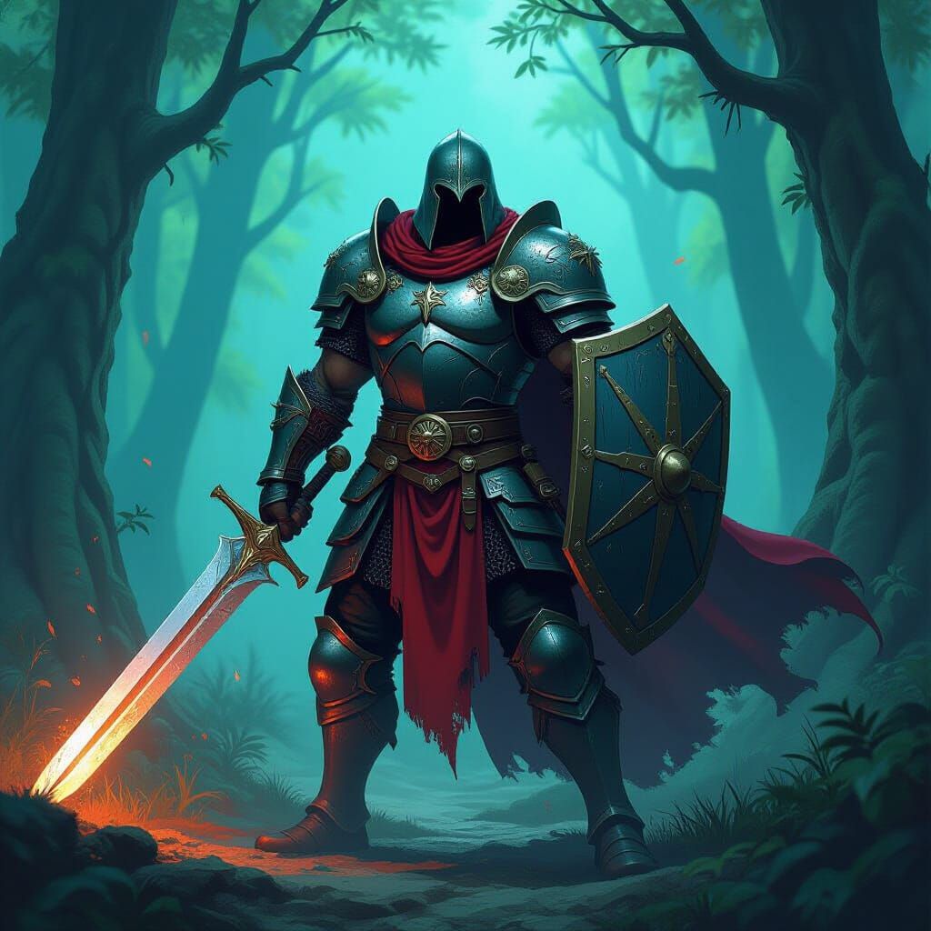 Heroic Fantasy Warrior in Mystical Forest