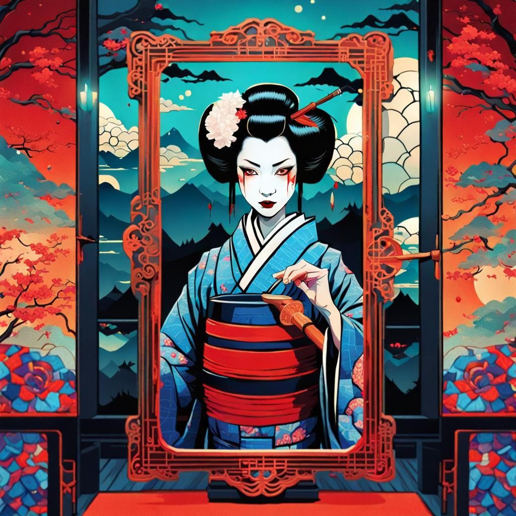 Japanese Vampire Geisha in Mosaic Style