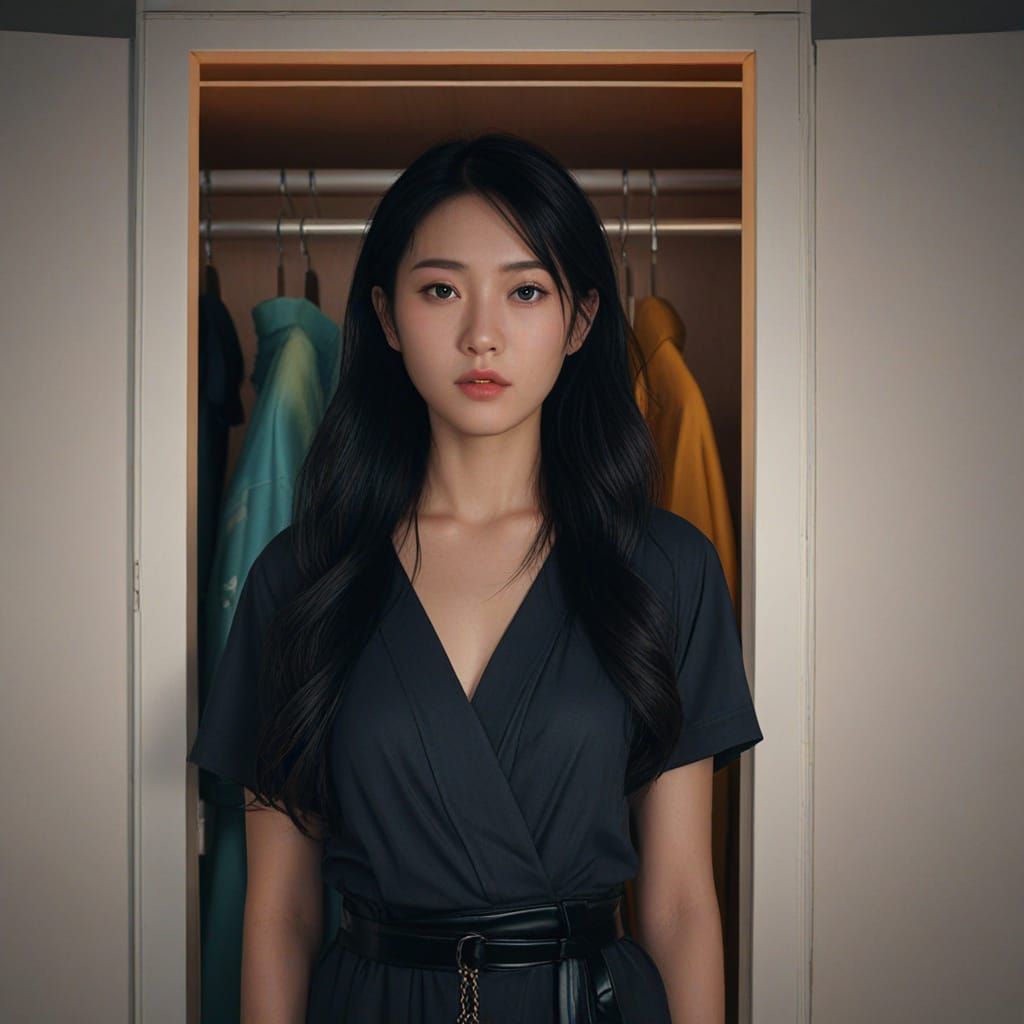 Japanese Woman Portrait in Closet, Detailed Matte Painting