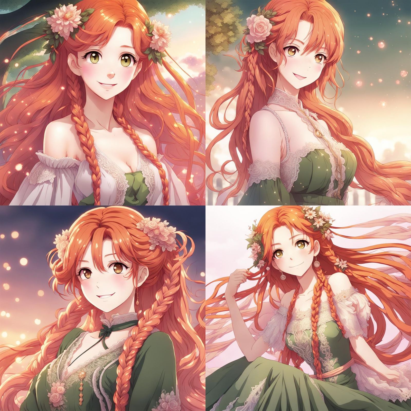 Anime Style Redhead with Sunset Eyes and Green Gown