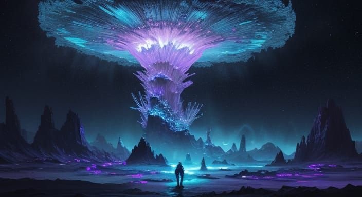 Astronaut Explores Alien Planet with Glowing Crystals