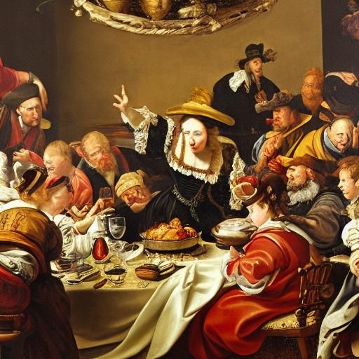 Chaotic Dinner Scene in Baroque Style