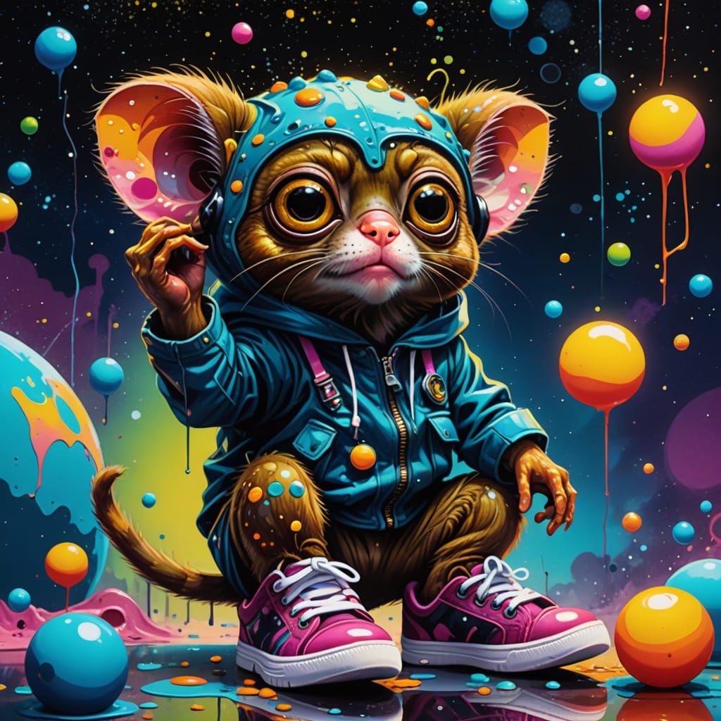 Tarsier in Space: Vibrant Surreal Street Art