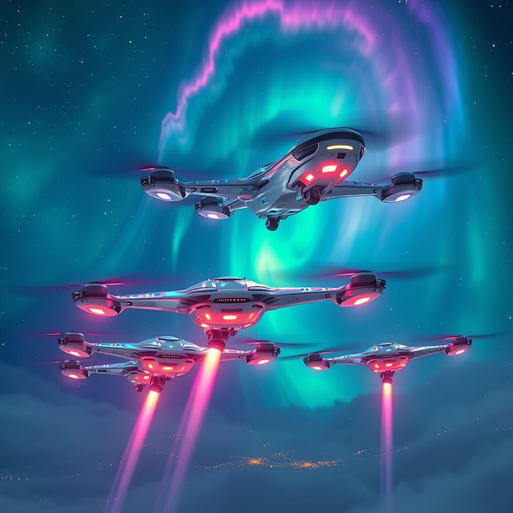 Ethereal Cymatic Drones Unfold in Cosmic Night Sky