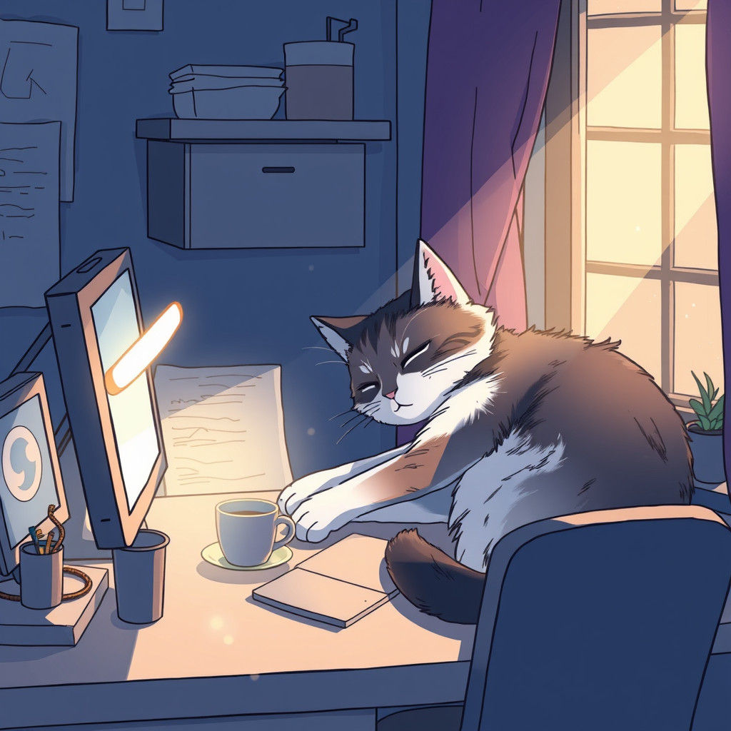 Cat Nap on Desk in Anime Style