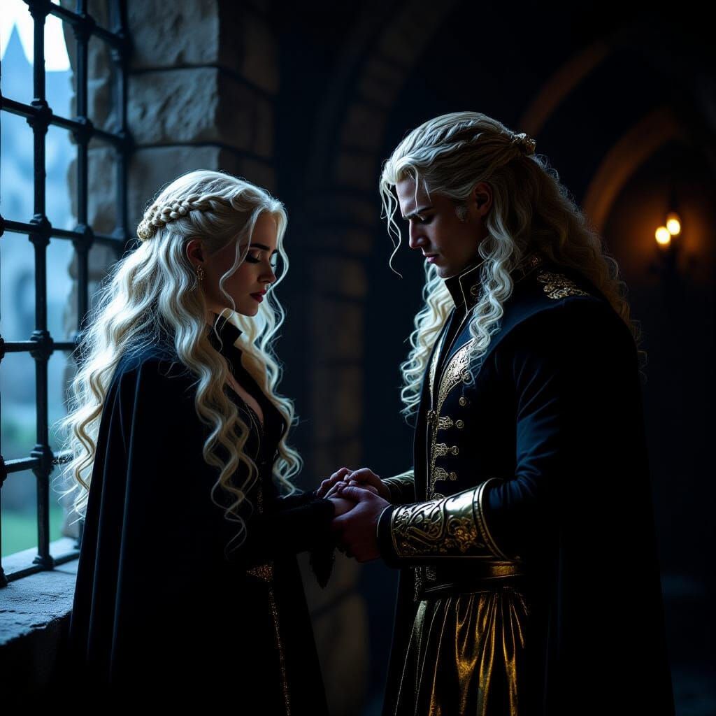 Sad Couple Weeping in Dark Castle Chamber