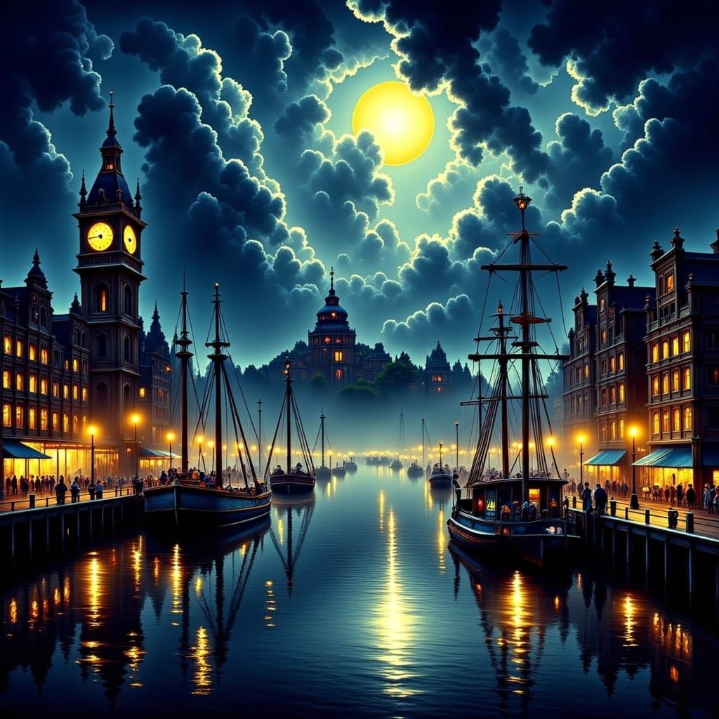 Victorian Harbor City at Night in Painterly Style