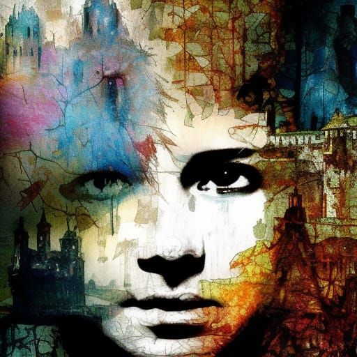 Watercolor Knight Double Exposure: Medieval Fortress Panoram...