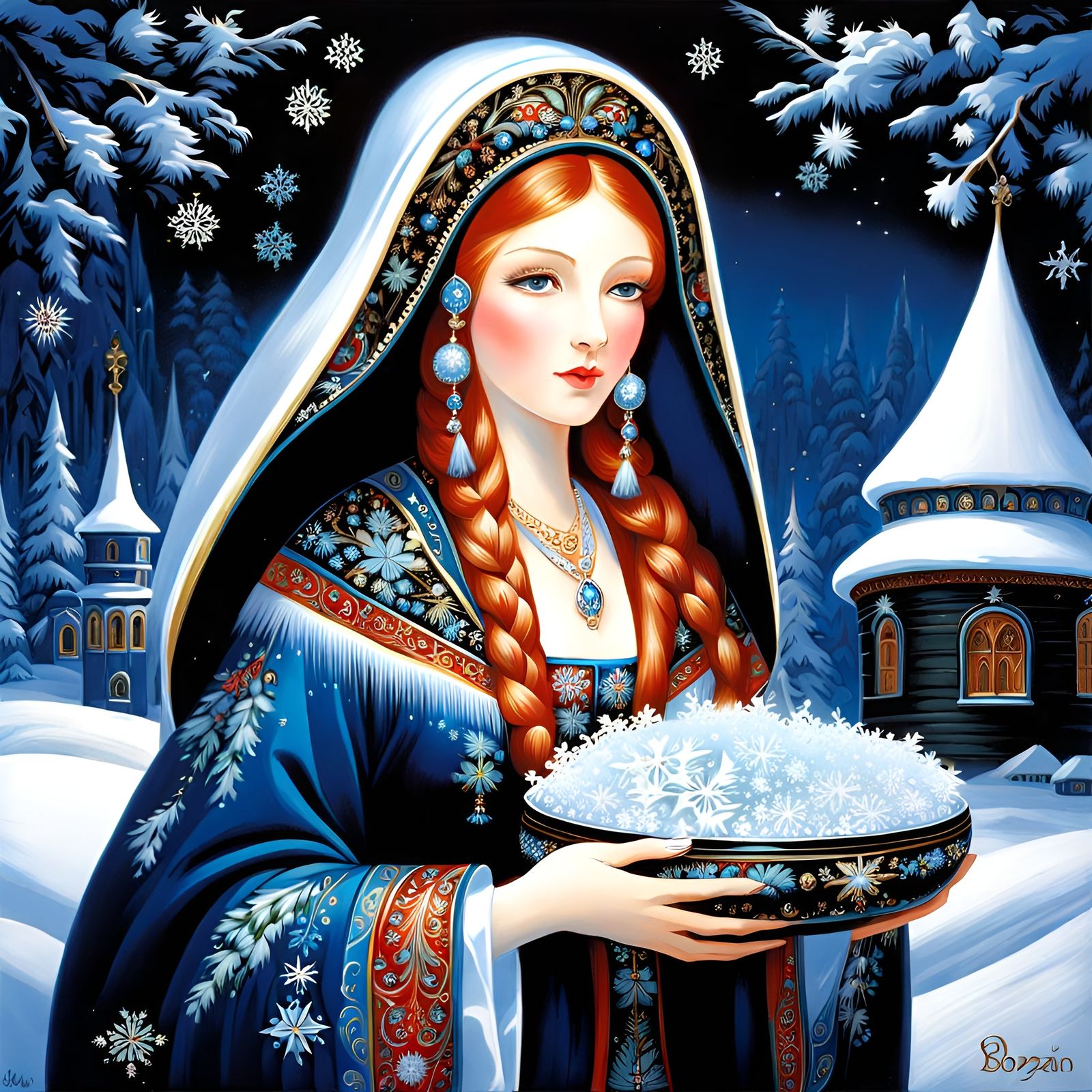 Snow Maiden with Ice Flowers and Snowflakes