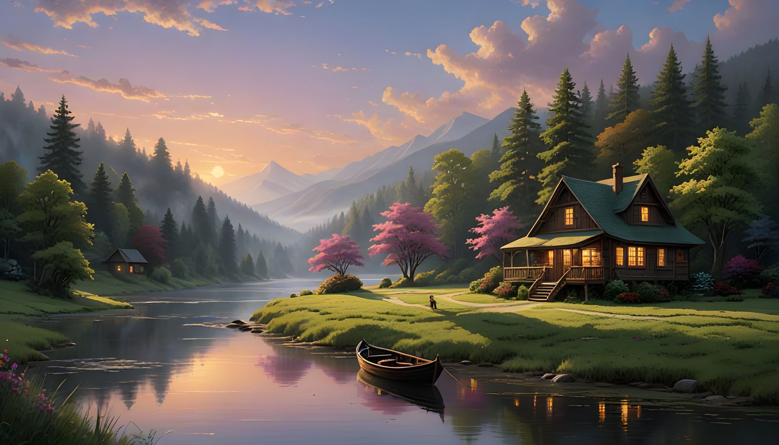 Peaceful Sunset Scene with Tranquil River and Lush Green Tre...