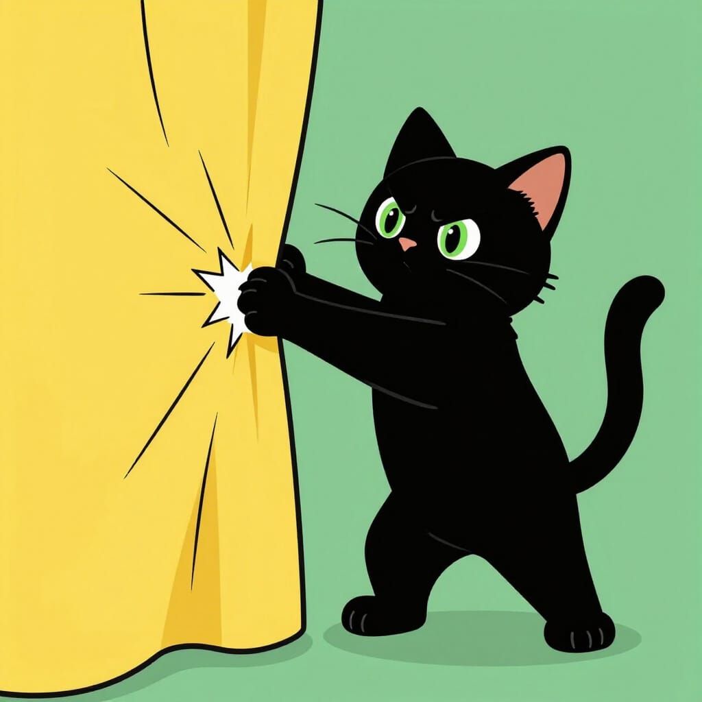 Mischievous Black Cat Claws Yellow Curtain in Vector Style