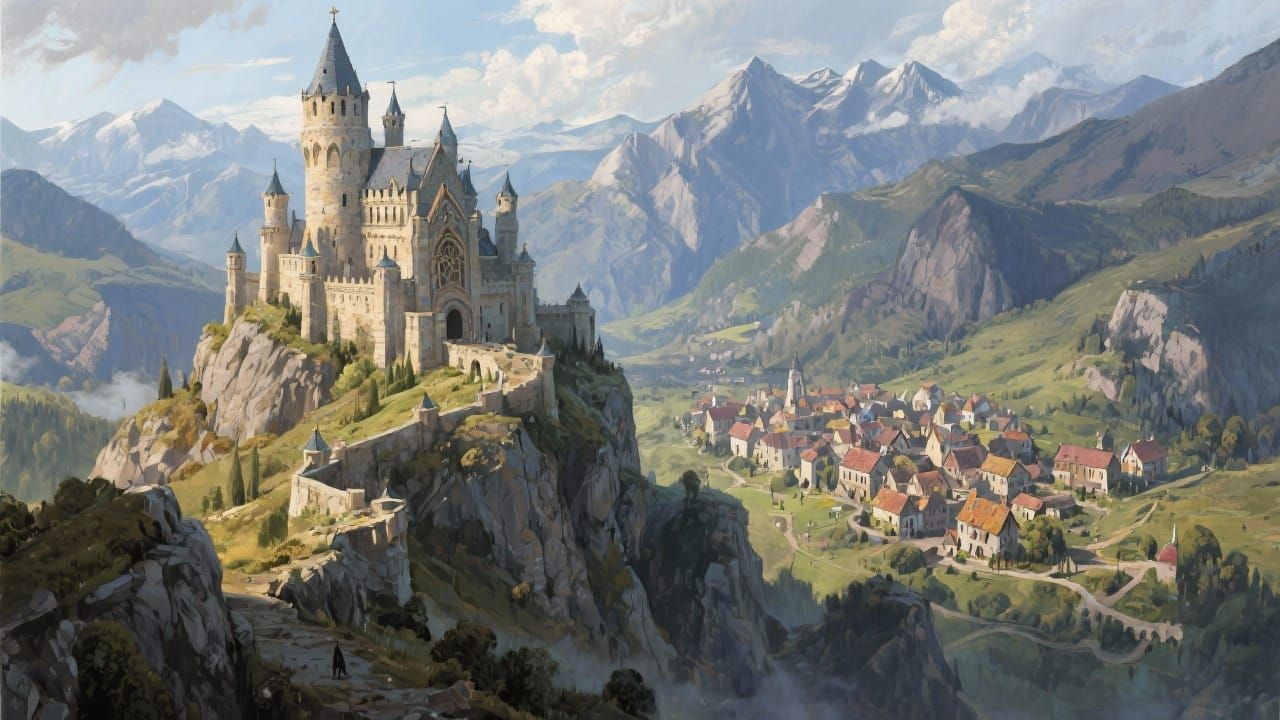 Fantasy Romanian Castle Overlooking Medieval Village