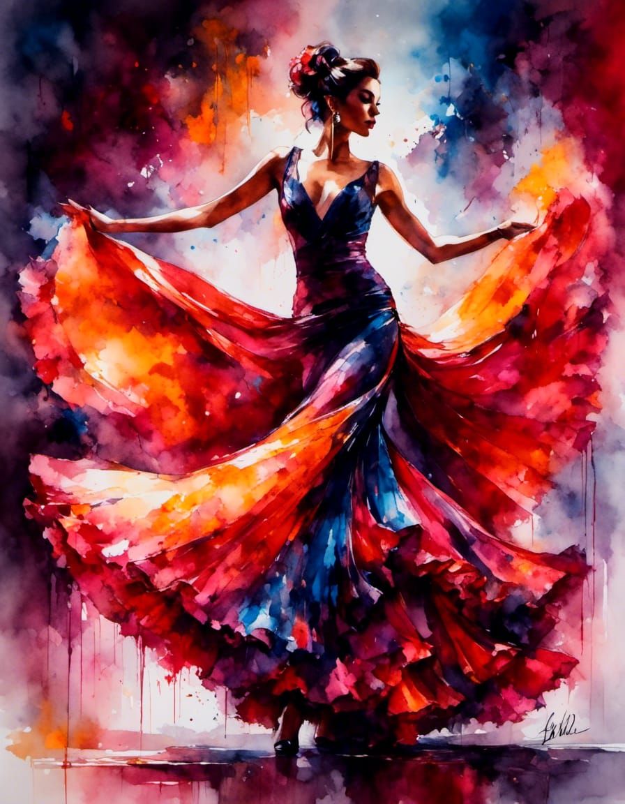 Flamenco Dancer Silhouette in Vibrant Gouache Painting