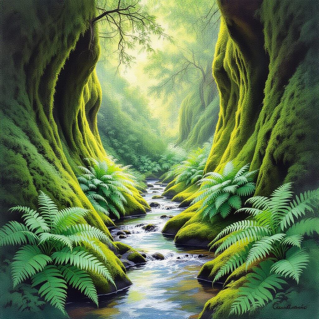 Fern Canyon in Watercolor Style