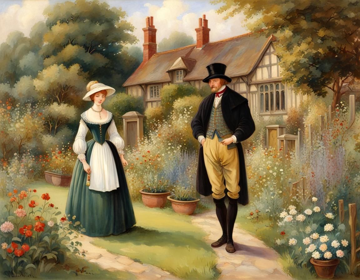 Tudor Couple in Garden: Strachan-esque Painting