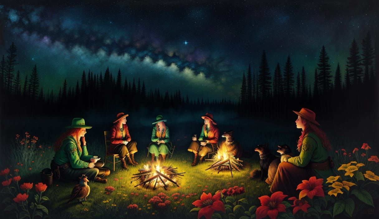 Fairytale Campfire Scene in Vivid Vector Art