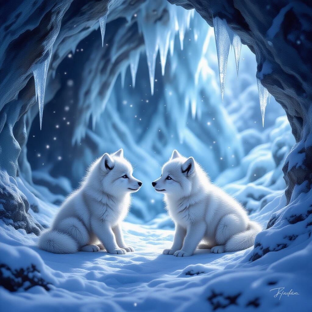 White Wolf Cubs Play in Mystical Cave