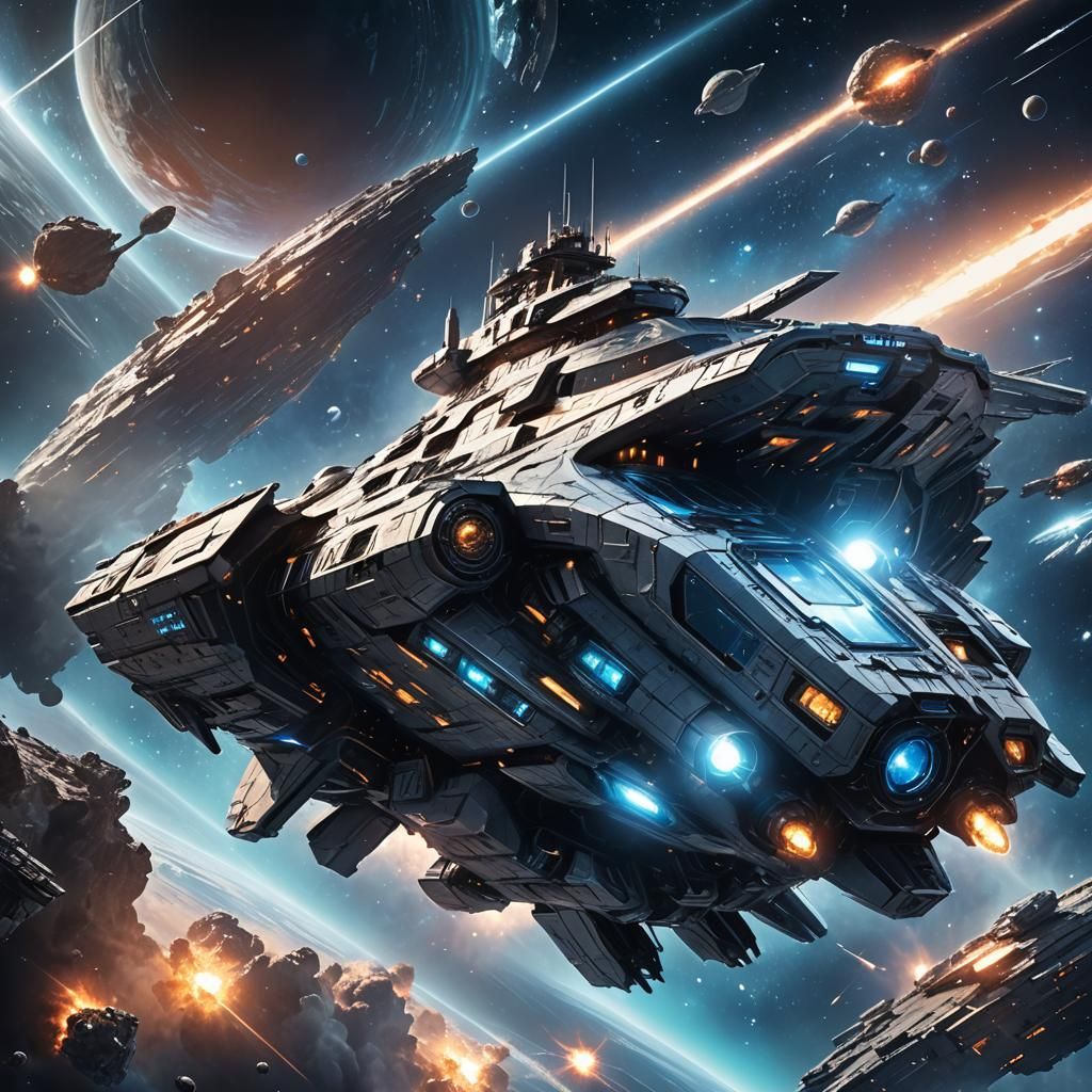 Futuristic Warship Emerges from Deep Space