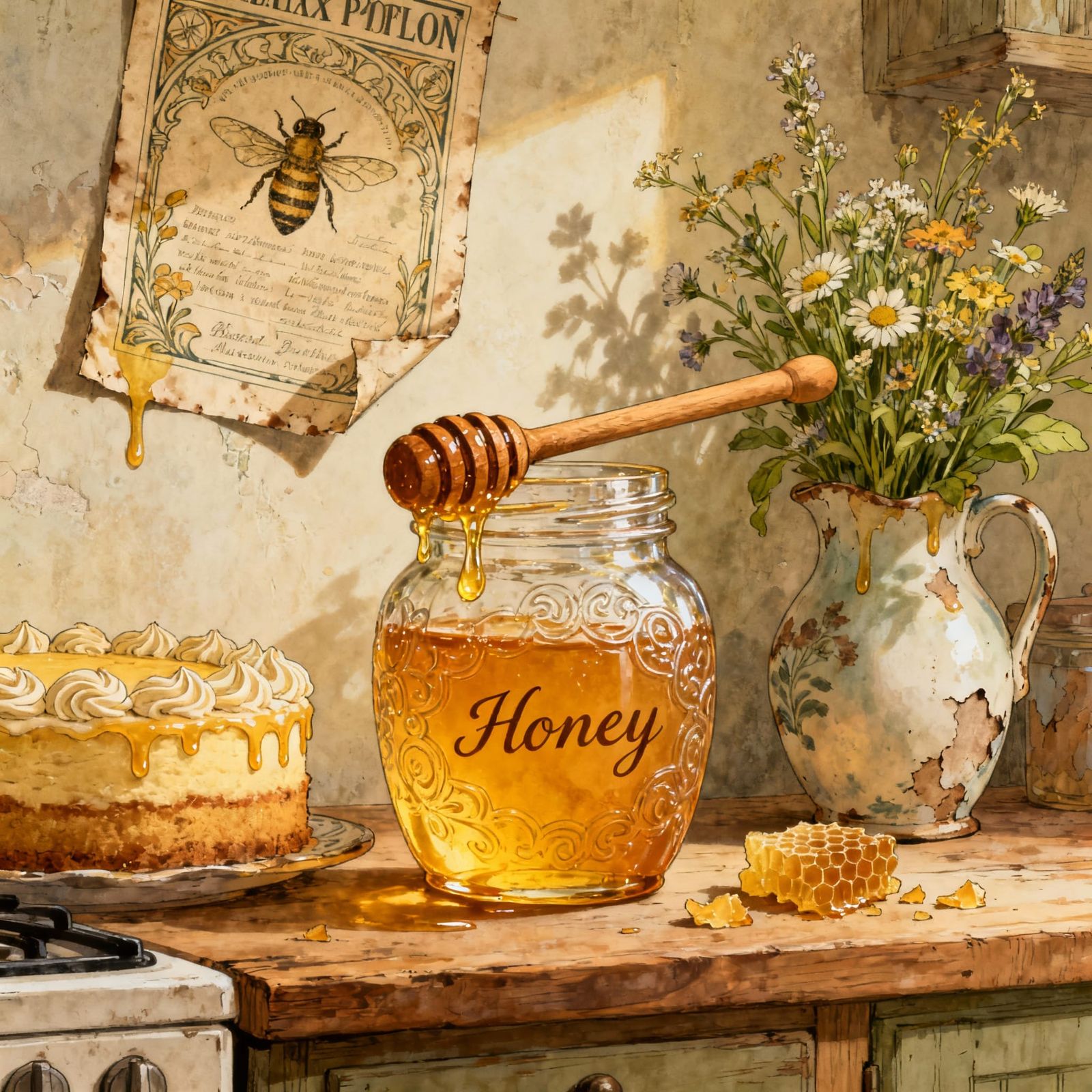 Golden Honey Drips on Antique Jar in Vintage Kitchen