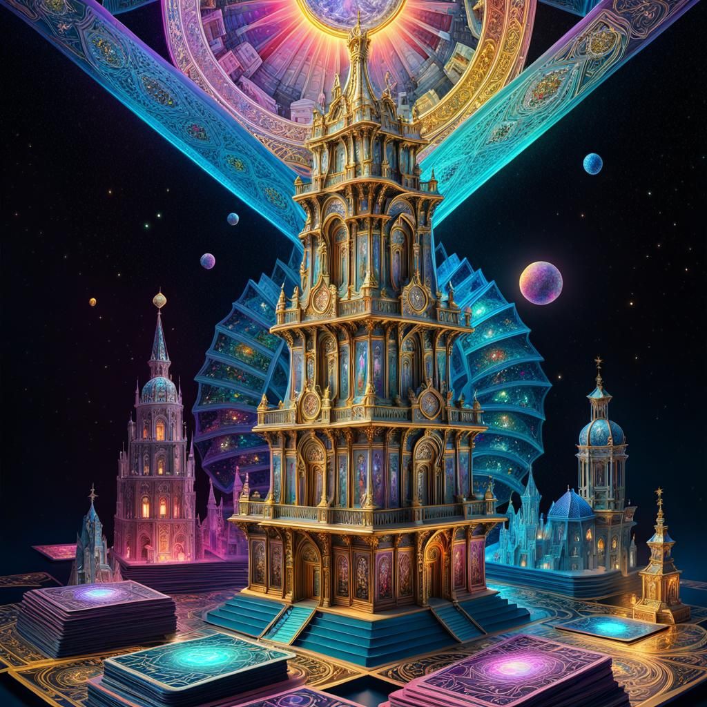 Rococo Tarot Card Tower in 3D Digital Art