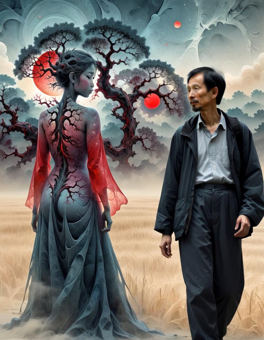 Fractal Expressionist Tree with Red Sun in Ink Painting