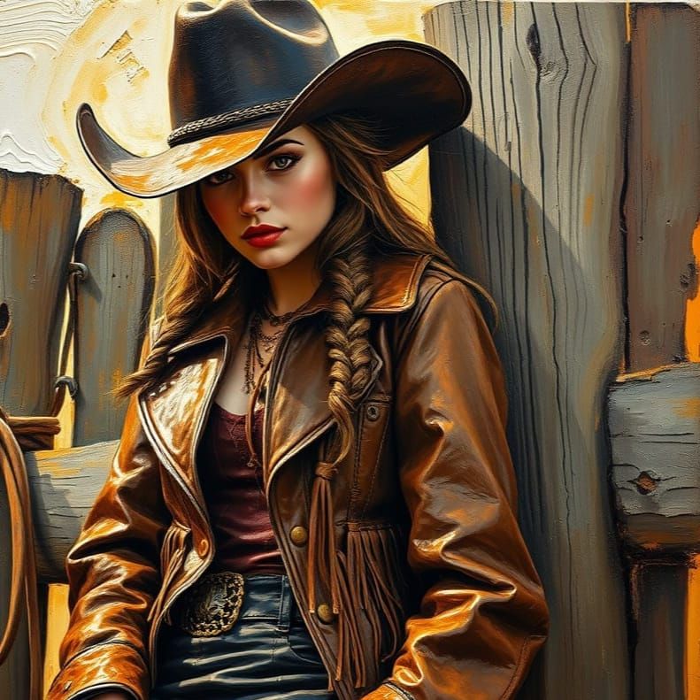 Cow girl dressed in leather with a black leather cowboy hat ...