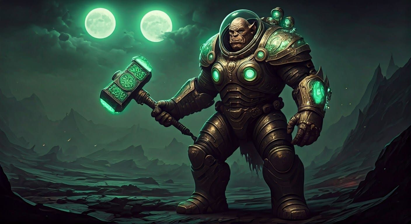 Cyberpunk Orc Warrior in Space Suit, Battle Hammer, and Alie...