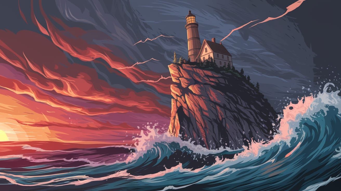 House Leaning on Lighthouse in Stormy Seas