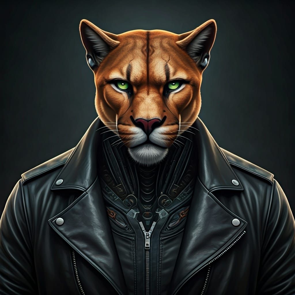 Cyborg Cougar Villain in Dystopian City, Biomechanical Style