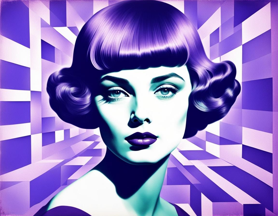 Retro Pop Art Cubist Portrait in Lavender