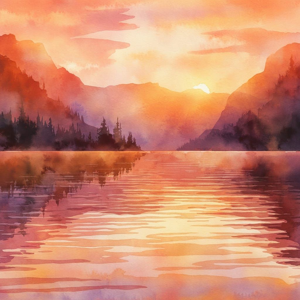 A watercolor painting of a beautiful wilderness mountain lak...