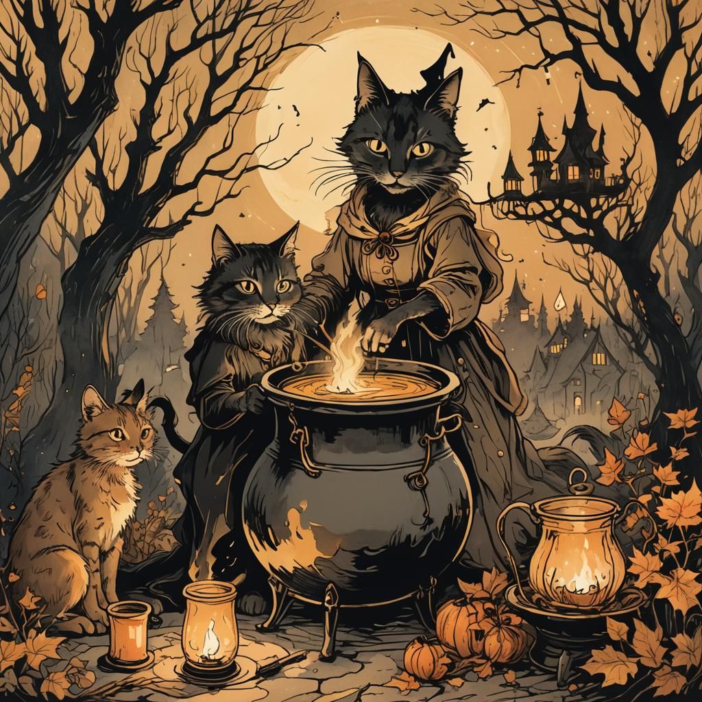 Magical Cat and Witch in Impressionist Style