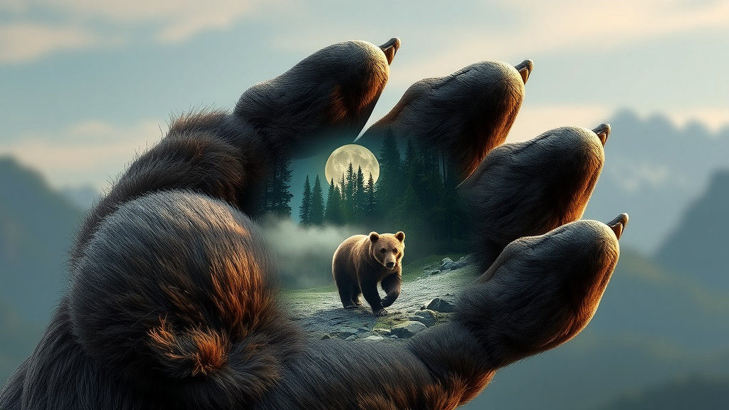 Detailed 3D Bear Paw with Mountain Forest Landscape