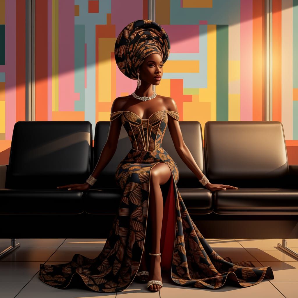 Elegant Ghanaian Woman in Kente Cloth at Airport