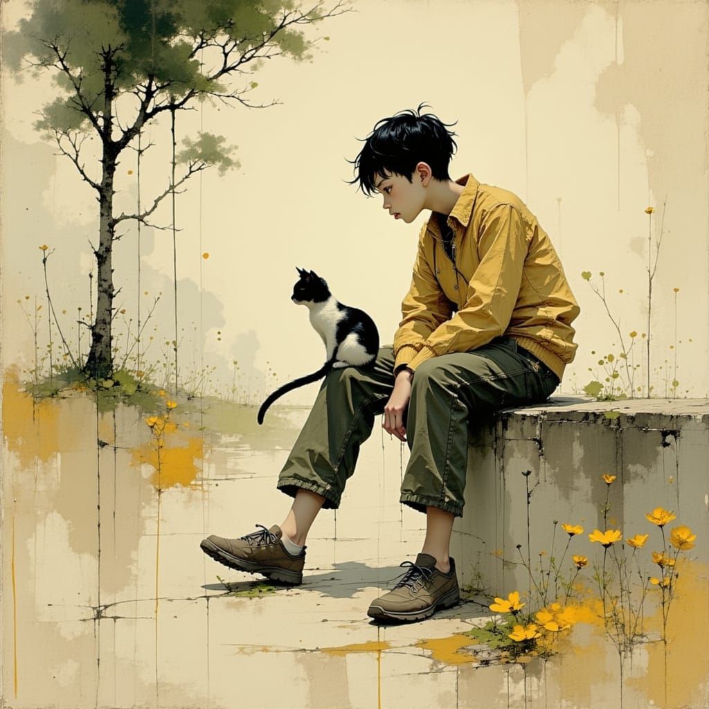 Boy and Cat Sit Together on a Wall