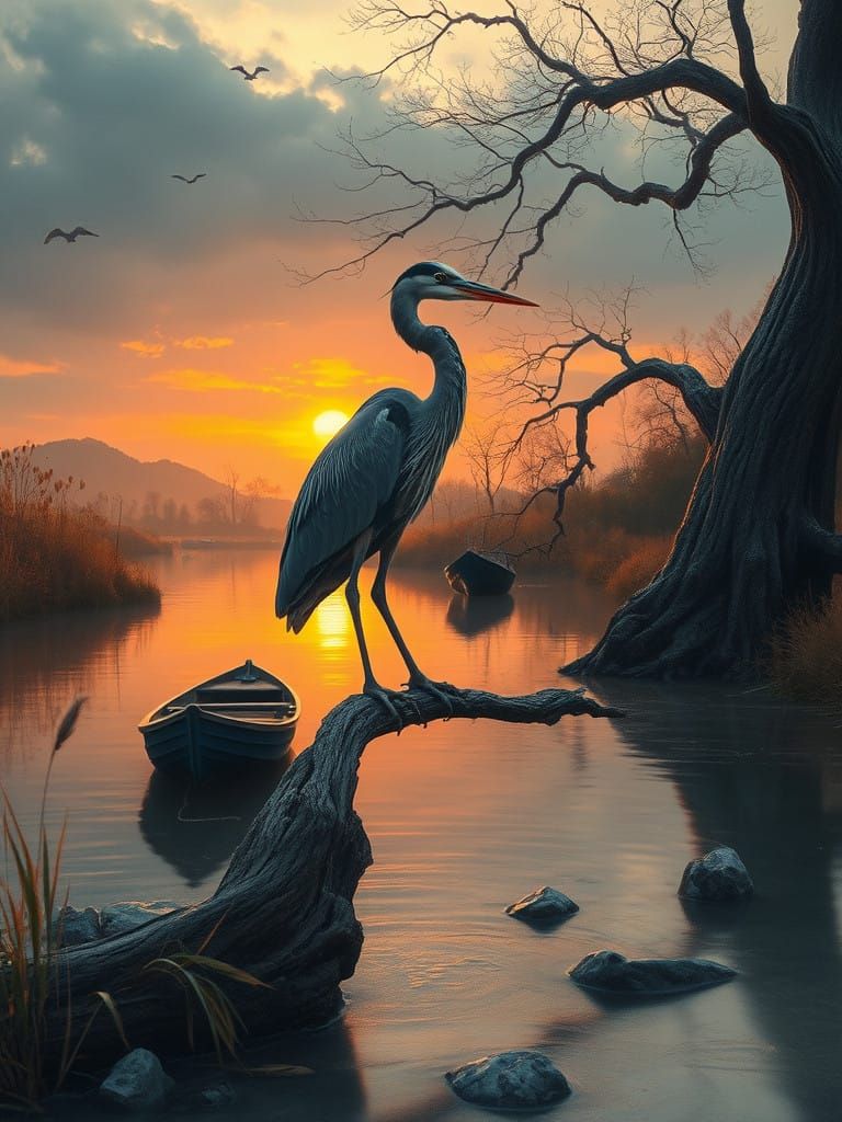 Hyper Realistic Blue Heron in Moody Sunset Watercolor