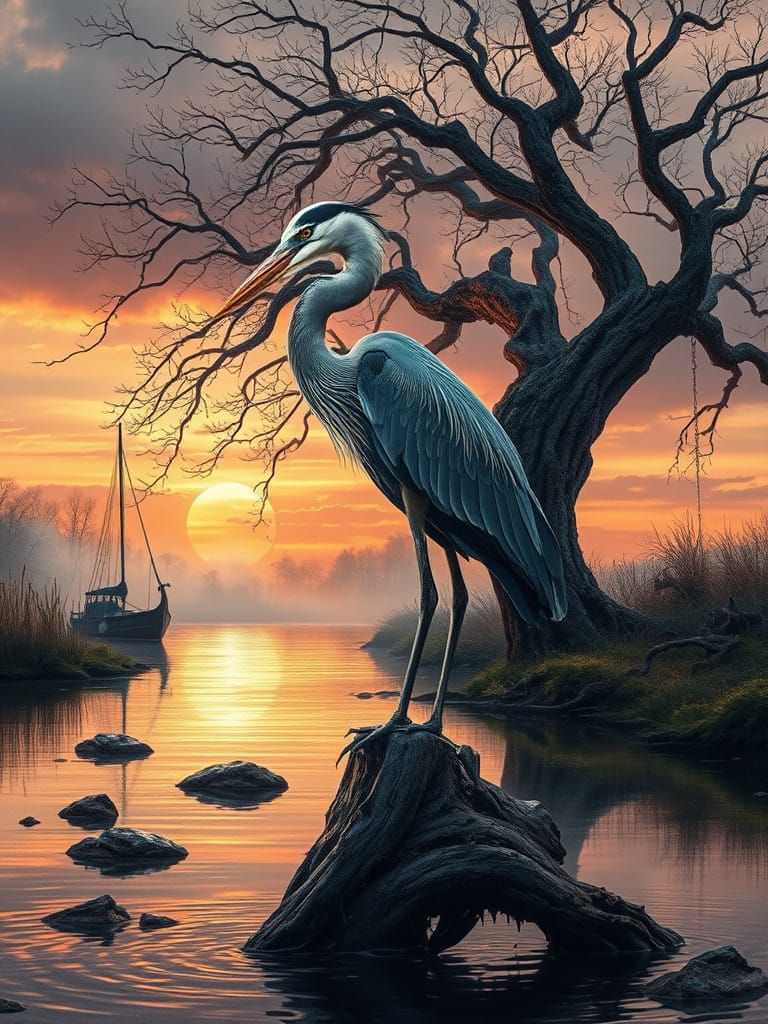 Surreal Blue Heron in Eerie Sunset Watercolor Landscape