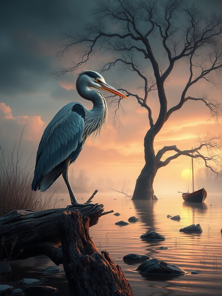 Ethereal Blue Heron in Sunset Watercolor