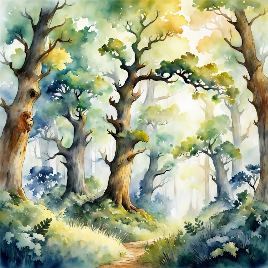 Whimsical Oak Forest Watercolour Art