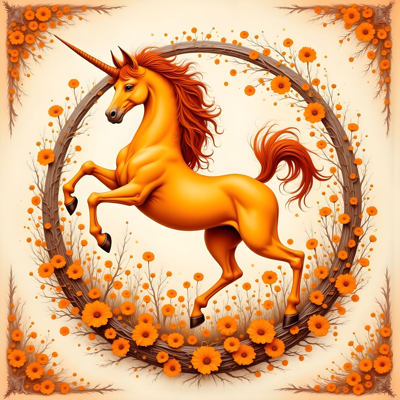 Orange Unicorn in Marigold Field with Frame