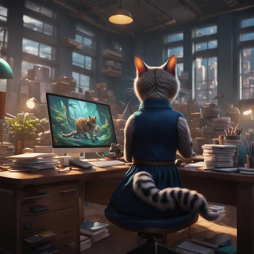 Slinky Cat Working at Desk in Office