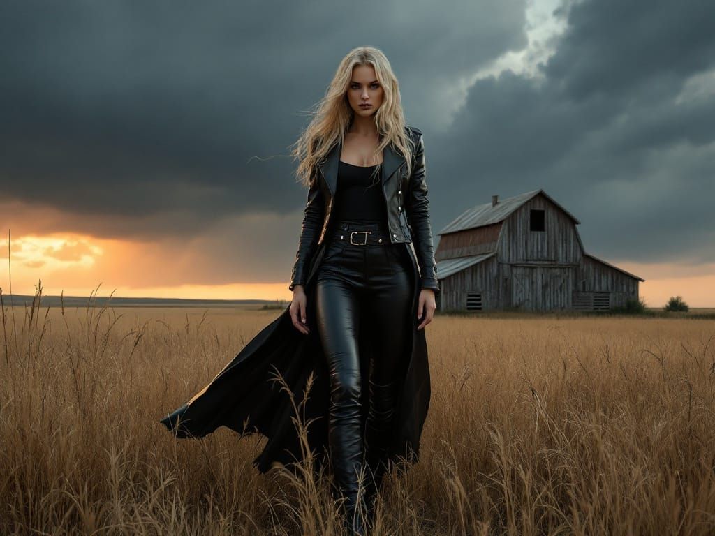 Statuesque Woman in Prairie Sunset, Digital Matte Painting